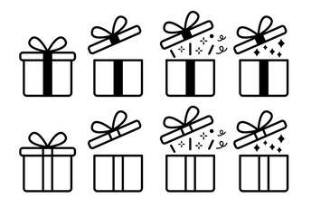 Surprising gift box or present box icon set (solid black fill). vector gift wrapping symbol for mockup instruction. surprise, parcel, reward, winning, award, opening, unboxing etc concept.