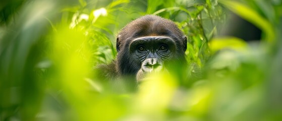 Wall Mural -  A gorilla's face, tightly framed by a sea of tall grass and vibrant greenery, surrounded by a softly blurred background