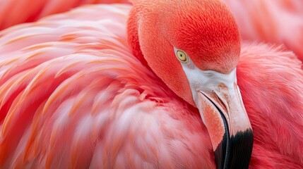 Wall Mural -  A close-up of a pink flamingo's head and neck reveals a yellow eye