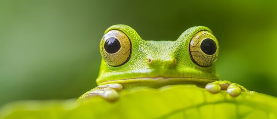 Wall Mural -  A tight shot of a frog's expressive face, with a vibrant green leaf in the near proximity, and an indistinct background