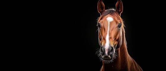 Wall Mural -  A tight shot of a brown horse boasting a white stripe on its face against a black background