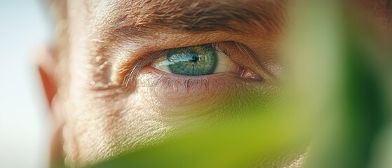 Sticker -  A tight shot of an eye, surrounded by a green leaf in the foreground, and a blue sky extending in the background