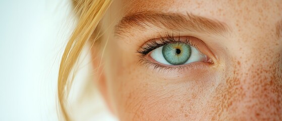 Wall Mural -  A tight shot of a woman's blue eye, adorned with freckled hair and speckled eyelashes