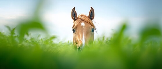  A tight shot of a horse's head in a lush green field against a backdrop of a clear, blue sky