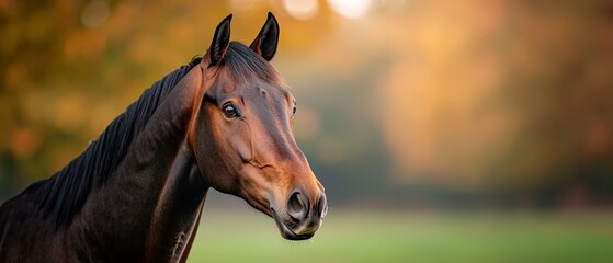 Sticker -  A tight shot of a horse's head against a softly blurred backdrop of grass and trees