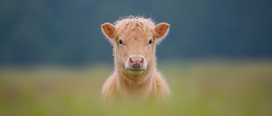 Sticker -  A tight shot of a brown cow grazing in a lush field of green grass Background includes a clear, blue sky and distant trees