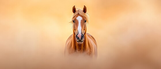 Wall Mural -  A brown horse stands in a foggy field, head turned to the side, eyes closed