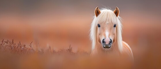 Wall Mural -  A white horse with golden mane stands in a field of tall grass, gazing at the camera with a serious expression