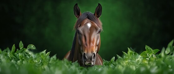 Wall Mural -  A brown horse stands atop a verdant field beside a forest, its greenery dense with lush leaves