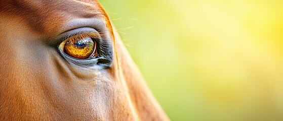 Wall Mural -  A tight shot of a horse's expressive eye against a softly blurred backdrop of waving grass and trees