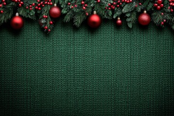 Wall Mural - Christmas background with knitted texture with Christmas tree branches and red Christmas tree balls