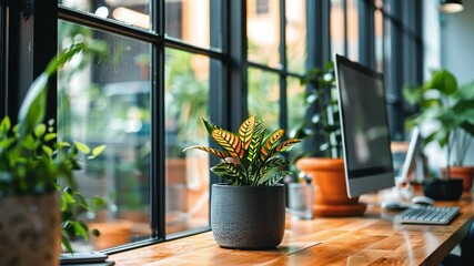 Aufkleber - Natural light streams through large windows into a cozy workspace, illuminating a small potted plant on a wooden desk surrounded by greenery and a computer.