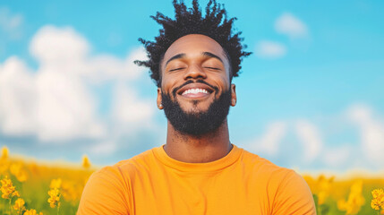 Man smiling in a field of yellow flowers