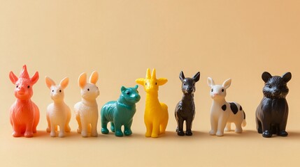 Wall Mural - Set of small animal figurines in plastic, isolated on a neutral-colored backdrop