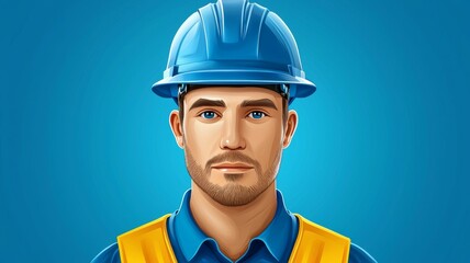 A man wearing a blue hard hat and a yellow vest