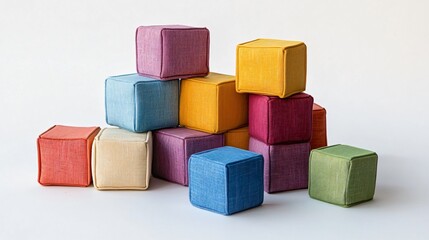 Wall Mural - Soft, fabric-covered building blocks, arranged neatly on a white background