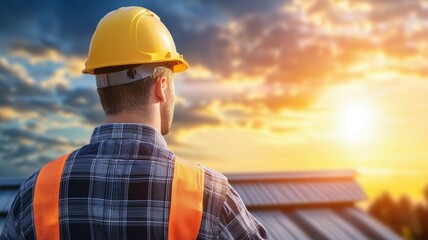 Wall Mural - A man wearing a yellow hard hat and orange vest looks out over a cloudy sky