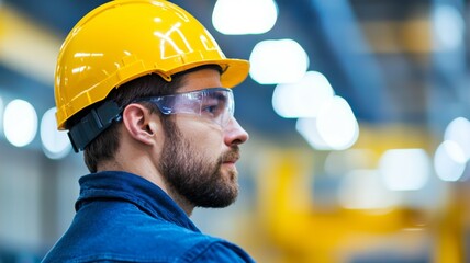 A man wearing a yellow hard hat and safety glasses