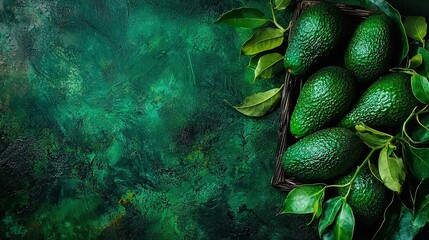 Canvas Print -   Crate overflowing with lush green avocados atop contrasting green-black surface surrounded by verdant foliage