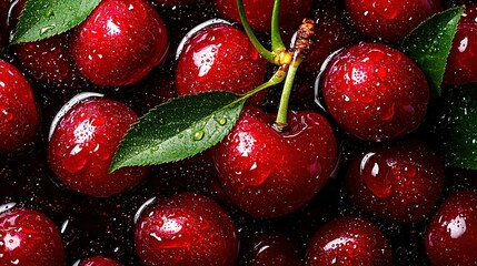 Wall Mural -   A high-resolution image of cherries with water droplets and a green leaf above them