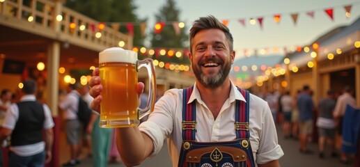 Wall Mural - A cheerful man in traditional attire holds a large beer mug at a vibrant outdoor festival, celebrating good times and creating lasting memories.