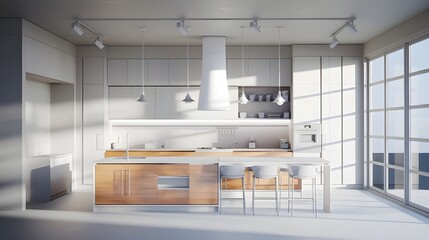 Wall Mural - Modern Kitchen Interior Design with White Cabinets  Wooden Countertop and Bar Stools