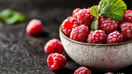 Wall Mural -   Black surface with mint leaves surrounding a bowl of raspberries, arranged on the surface are more raspberries