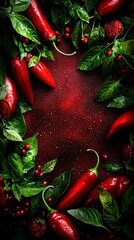 Wall Mural -   A cluster of fiery red chili peppers encircled by lush green foliage and vibrant berries against a black backdrop, featuring a prominent scarlet