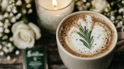   A cup of cappuccino with a sprig of rosemary sits beside a lit candle and vibrant flowers