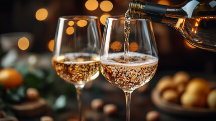 Champagne is poured from a bottle into a glass close-up