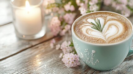  A cup of cappuccino with a heart and flowers, plus a lit candle