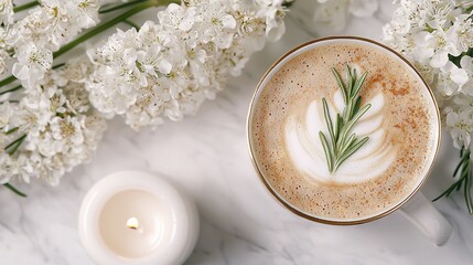   A cup of cappuccino with a sprig of rosemary rests beside a candle and blooming flowers