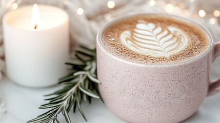 Wall Mural -   A cup of cappuccino decorated with a leaf design, positioned beside a lit candle on a table