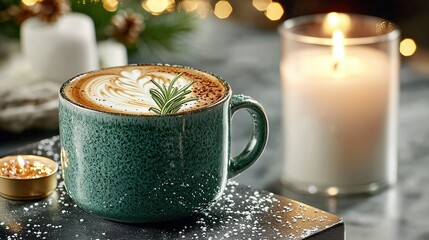   A cup of cappuccino with a sprig of rosemary on a table beside a candle