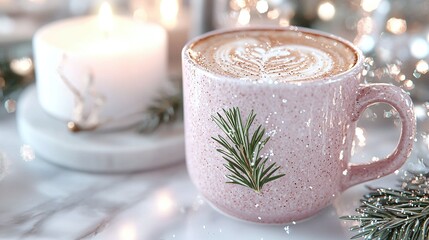 Wall Mural -   A photo of a close-up cup of coffee on a table with a lit candle and a Christmas tree decoration in the background