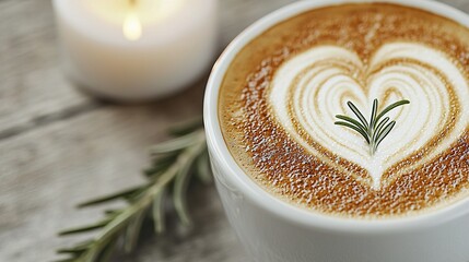 Wall Mural -   A cup of cappuccino decorated with a heart and a candle next to it