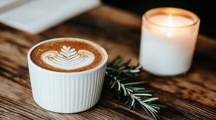 Wall Mural -   A cup of cappuccino and a candle on a wooden table with a green sprig