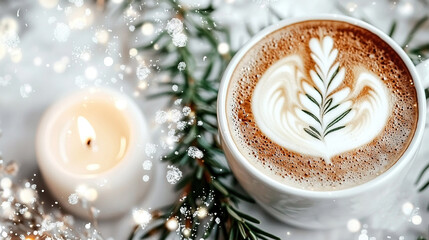 Wall Mural -   A cup of cappuccino with a sprig of rosemary on top and a candle nearby