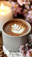 Wall Mural -   A cup of cappuccino on a saucer with lit candle and a bouquet of flowers