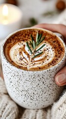 Wall Mural -  A person sips hot chocolate topped with a fragrant sprig of rosemary