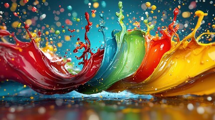 Wall Mural -   A splash of various colored liquids on a blue-green-yellow-red-orange backdrop