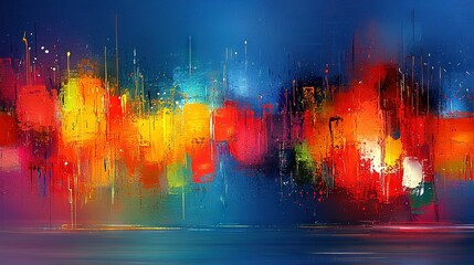 Canvas Print -   A cityscape painting featuring a blue sky in the backdrop and vivid colors in the foreground