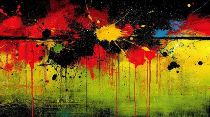 Wall Mural -   Abstract splatter painting on yellow, red, and green background with black border