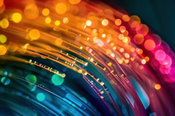Wall Mural - fiber optic cables glowing in the dark creating a colorful bokeh effect