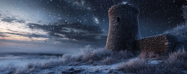 A historic stone tower on a frosty hillside, used as an observatory, where locals gather to view winter constellations, its ancient walls providing shelter from the biting winds