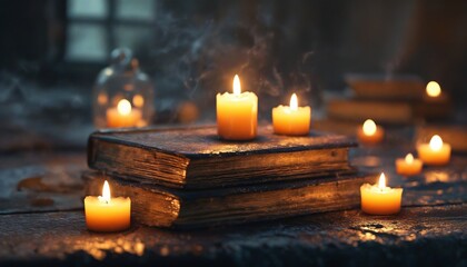 Warm candlelight flickers over ancient books in a dimly lit room, creating a mystical atmosphere on a quiet evening