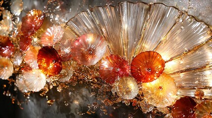 Wall Mural -   Close-up of an intricate piece of art, featuring various-sized, multi-colored glass flowers adorning a metallic surface