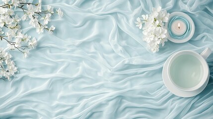   A cup of tea on a blue satin fabric next to a white-flowered candle holder