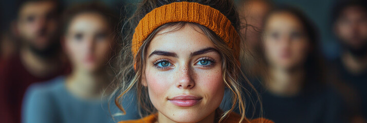 Poster - Young woman with freckles and blue eyes wearing a headband.