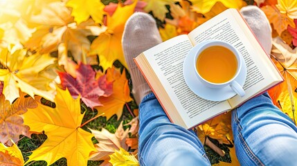 Wall Mural - A person lying on the ground with their legs crossed, holding an open book 